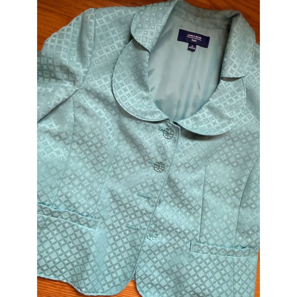 Vintage Jones Wear Suit Blazer Size 14 Seafoam Aqua Jacquard Textured Jacket